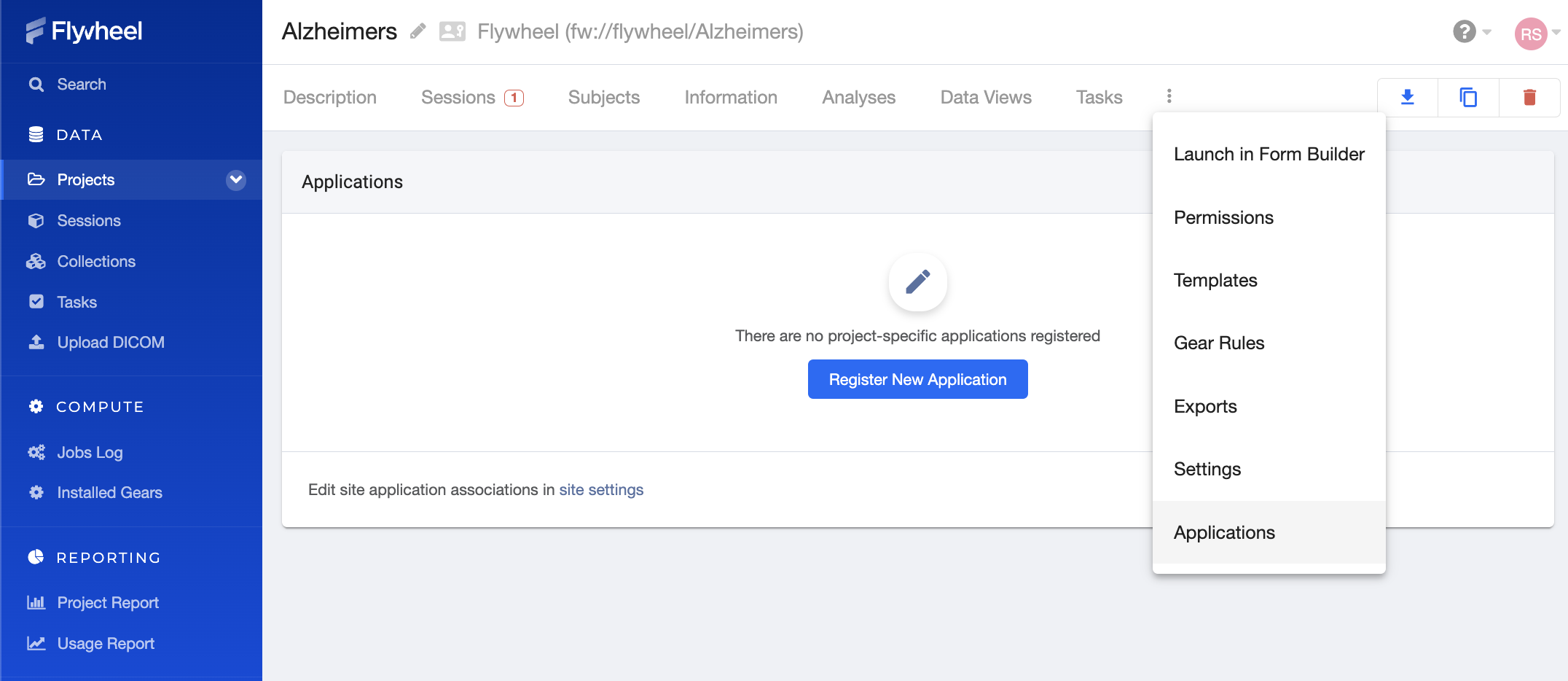 Project Applications Dashboard showing registered applications