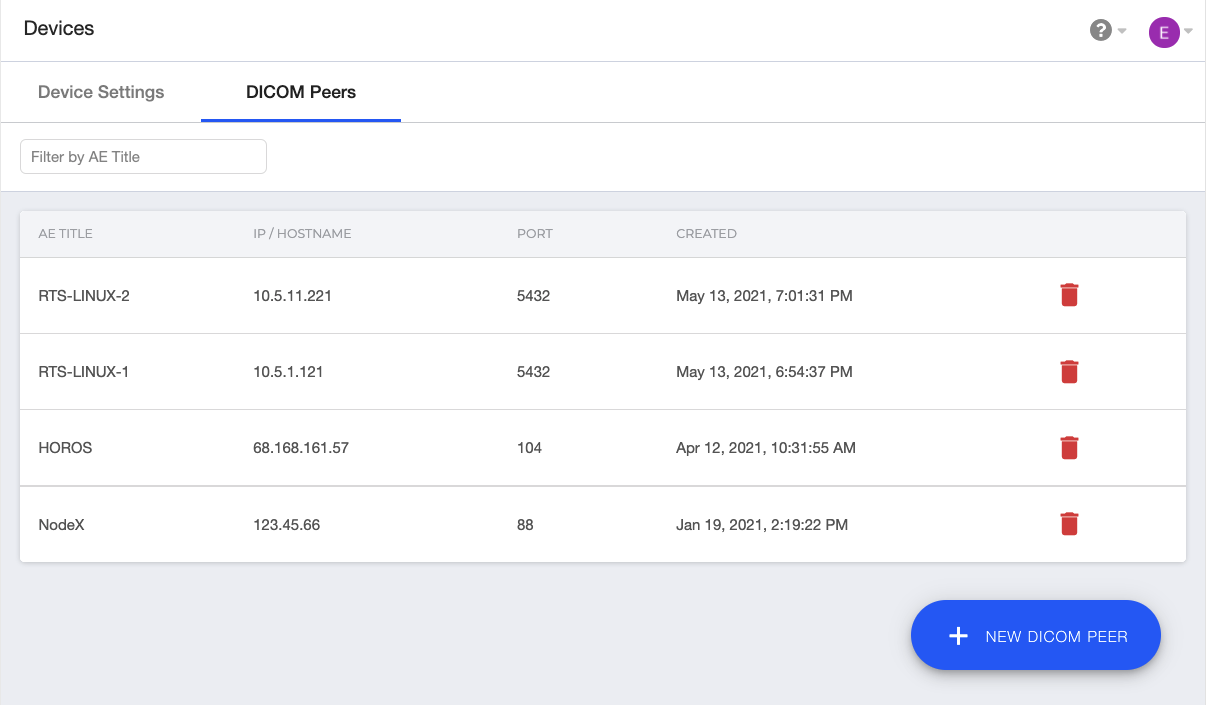 Flywheel DICOM Peers Page