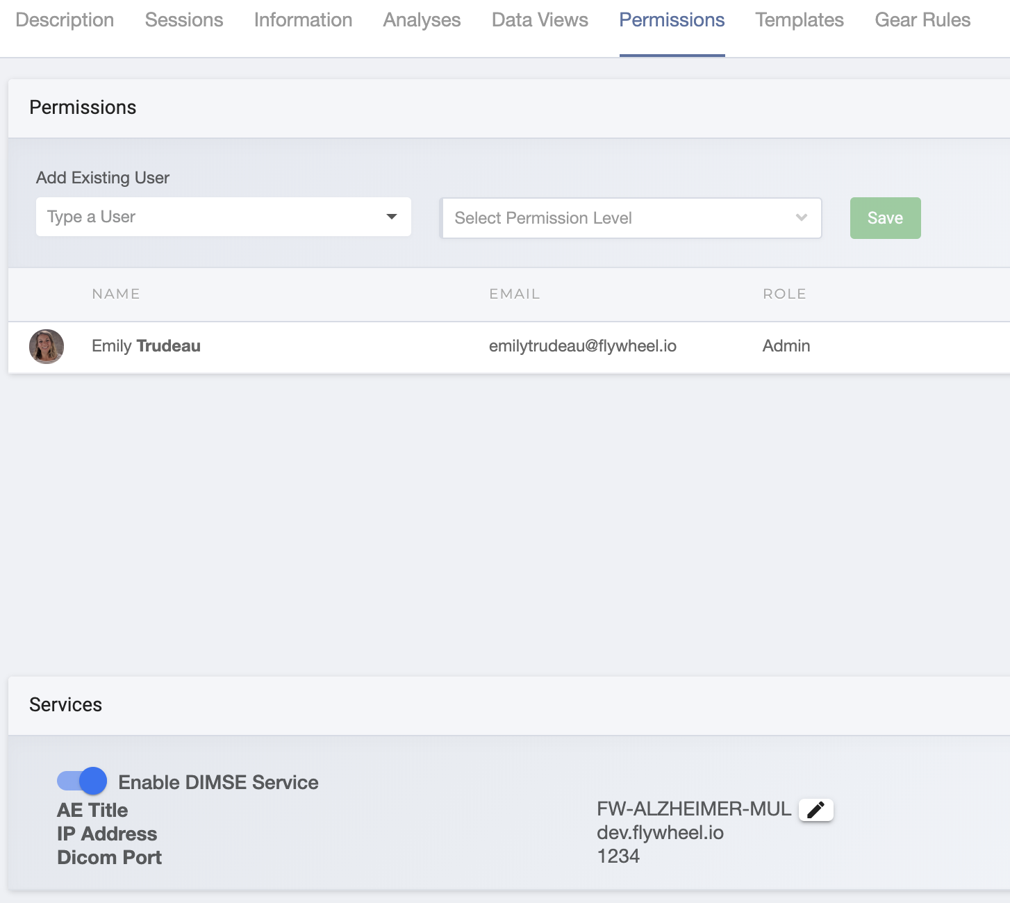 Flywheel Project Permissions Page - Enable DIMSE Service