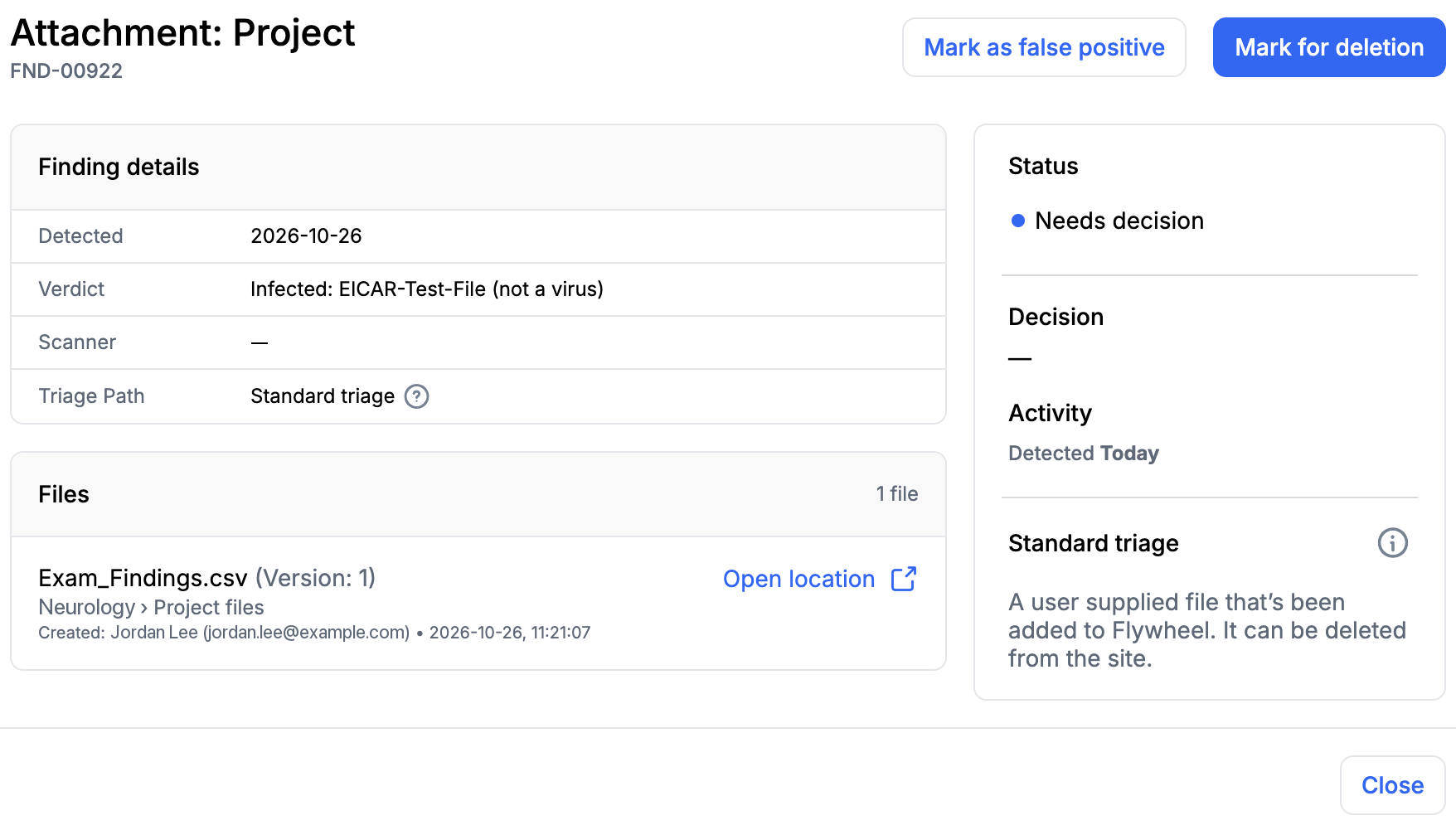 Details of a finding that needs a decision, with the Mark as false positive and Mark for deletion buttons
