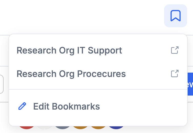 Bookmarks menu open from the top-bar bookmark icon, listing two site bookmarks above an Edit Bookmarks option