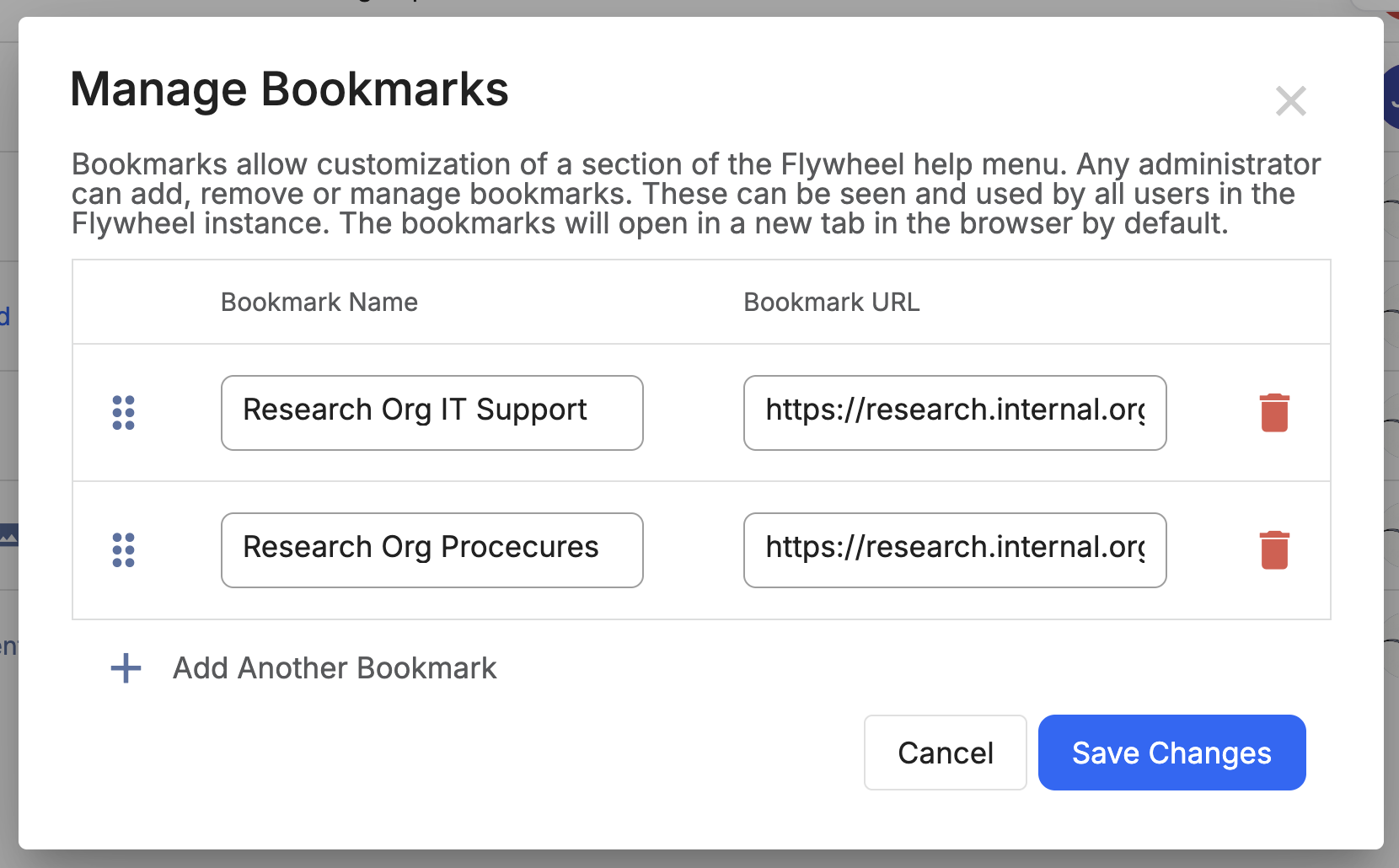 Manage Bookmarks dialog listing two bookmark rows with Name and URL fields, drag handles, delete icons, and an Add Another Bookmark link