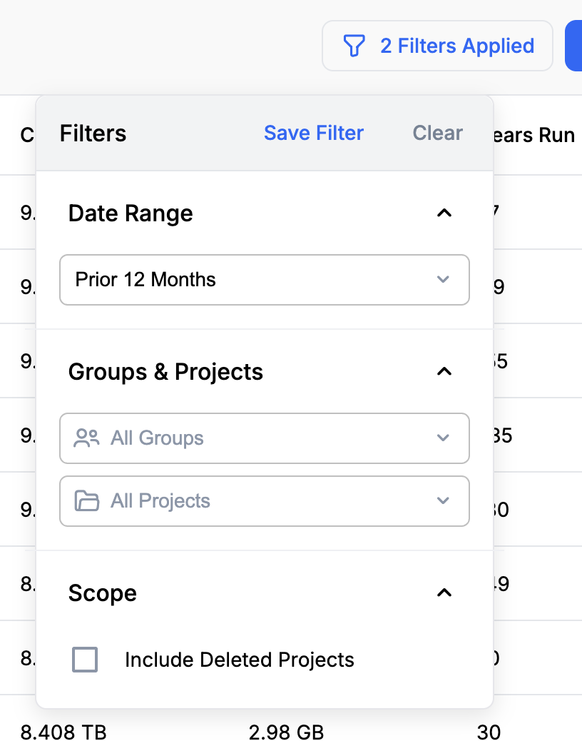 Usage Report filter panel