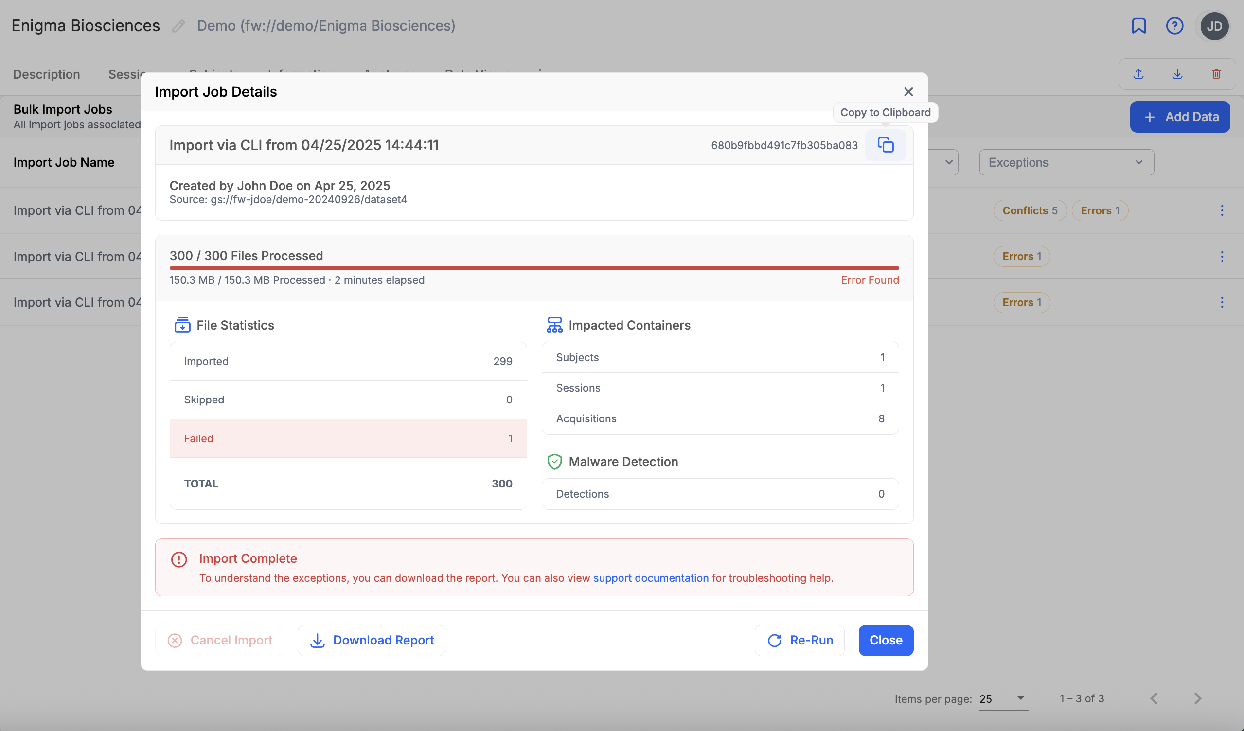 Project -> Imports List -> Job Details Dialog