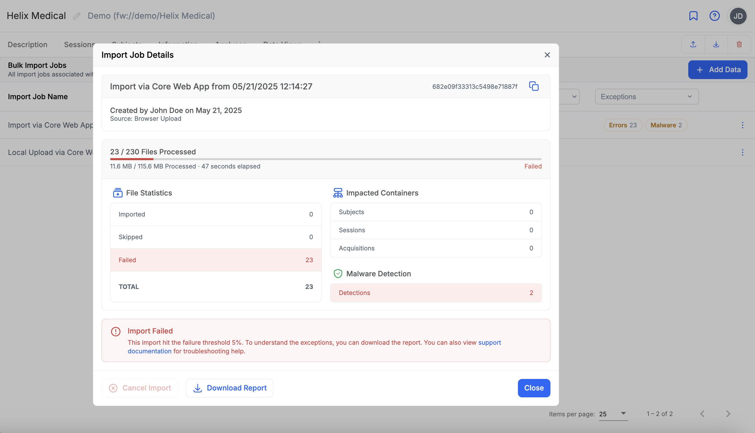 Project -> Imports List -> Details Dialog -> Download Report