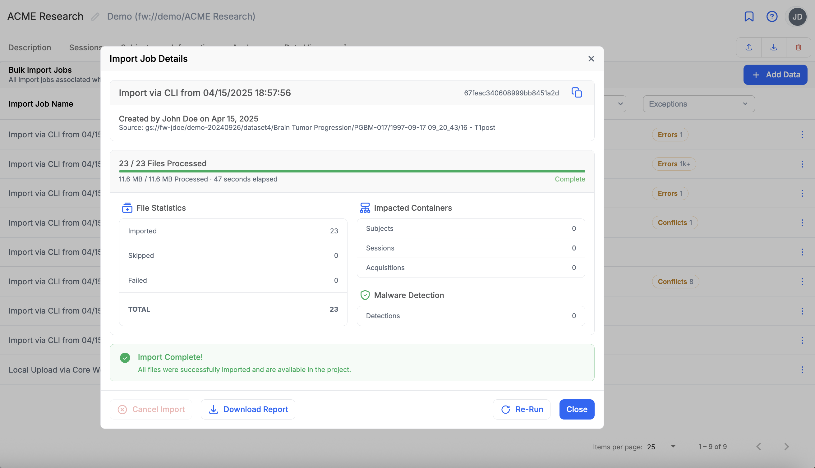 Project -> Imports List -> Job Details Dialog