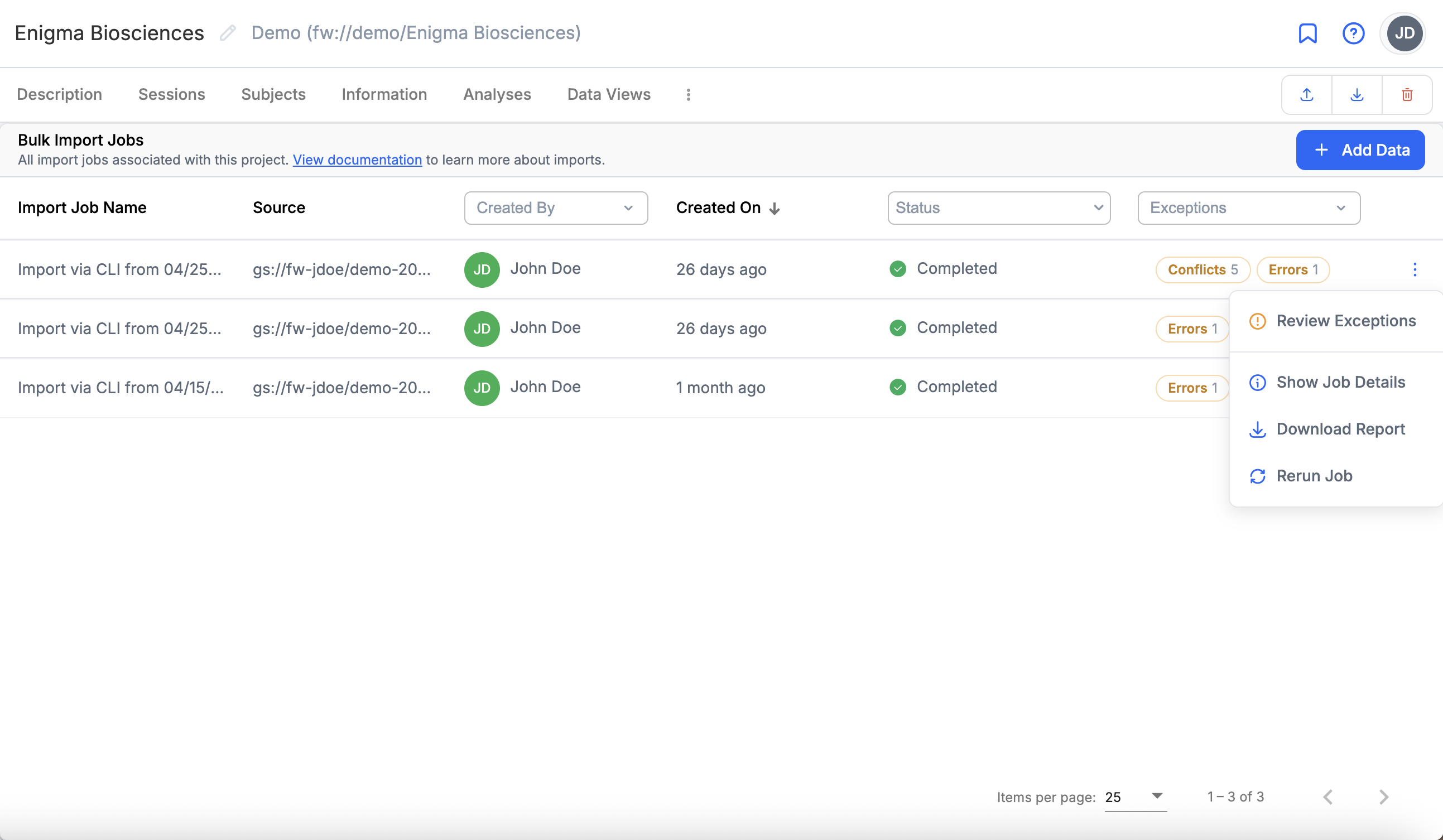 Project -> Imports List -> Job Overflow Menu