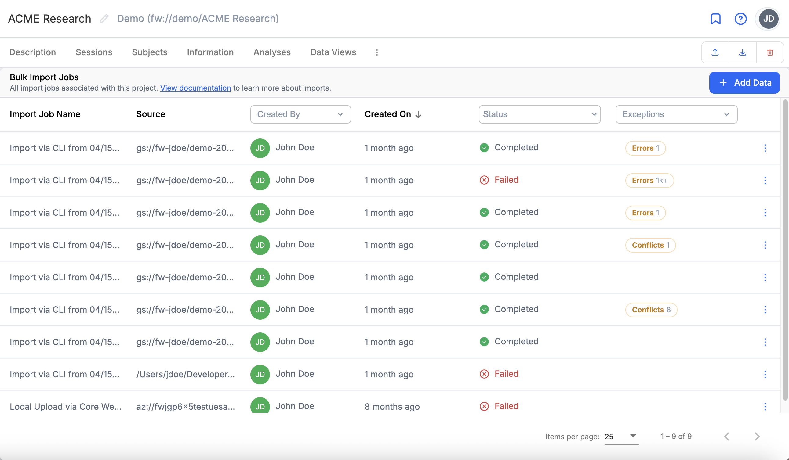 Project -> Imports List -> Job Summary