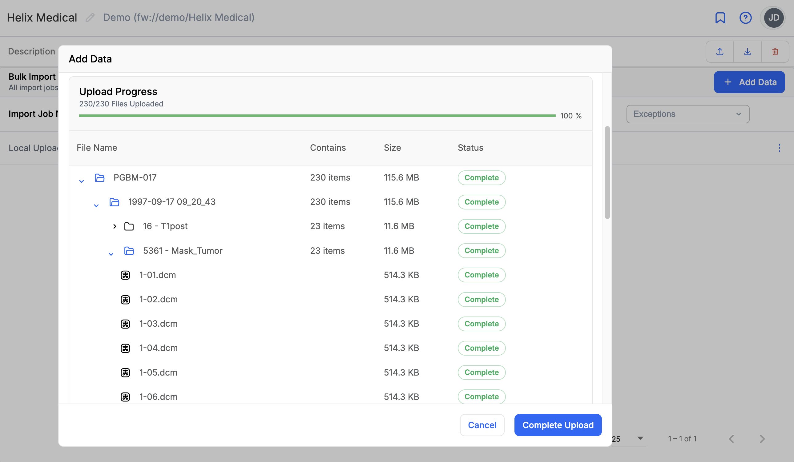 Project -> Add Data -> Upload -> Successful Files