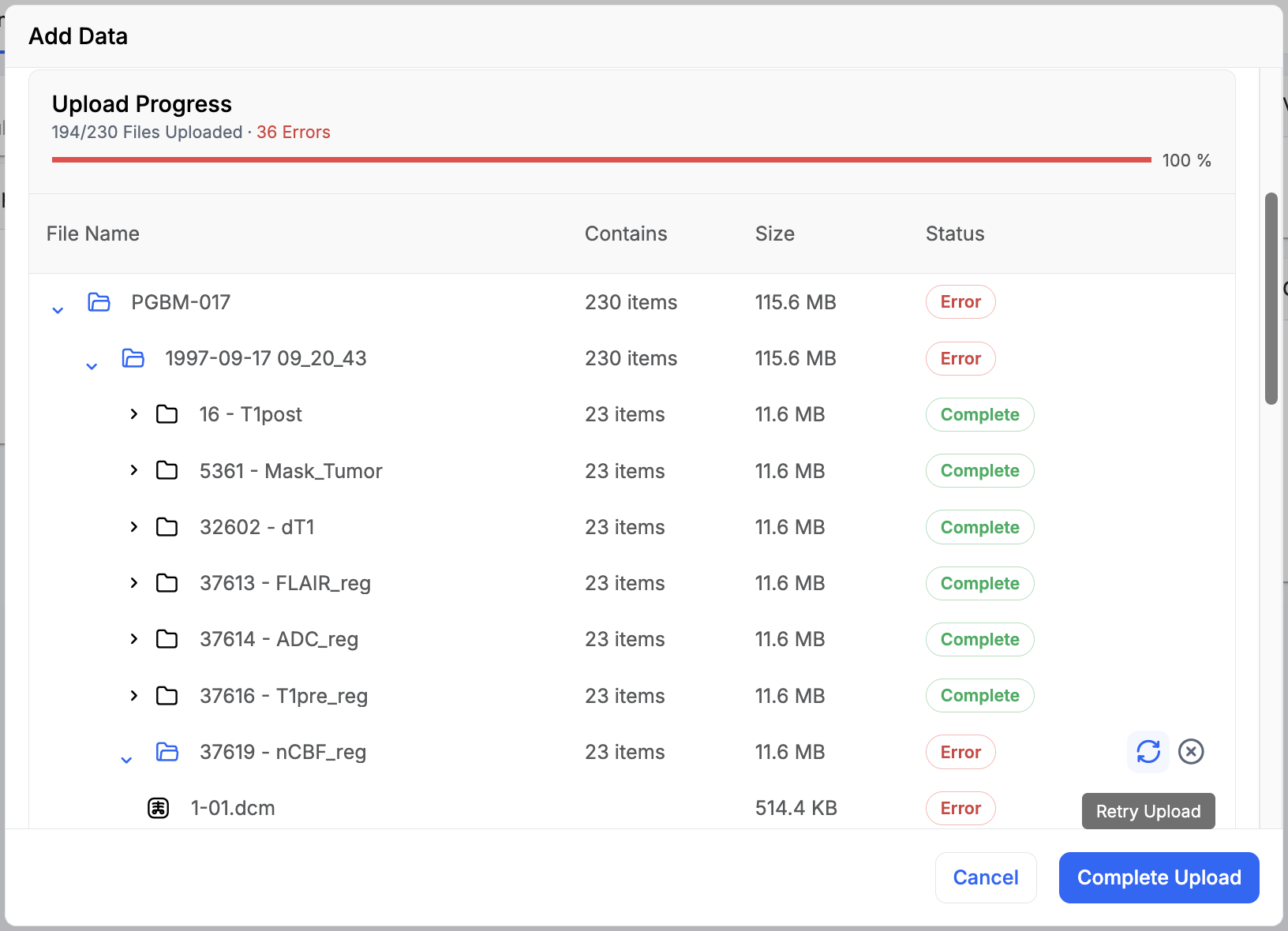 Project -> Add Data -> Upload -> Failed Files