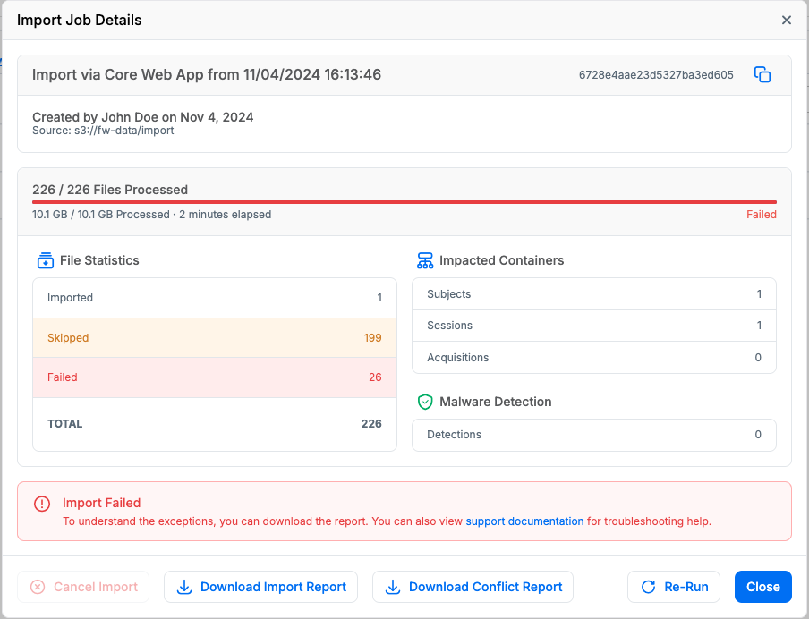 Project -> Imports List -> Details Dialog -> Download Import Report