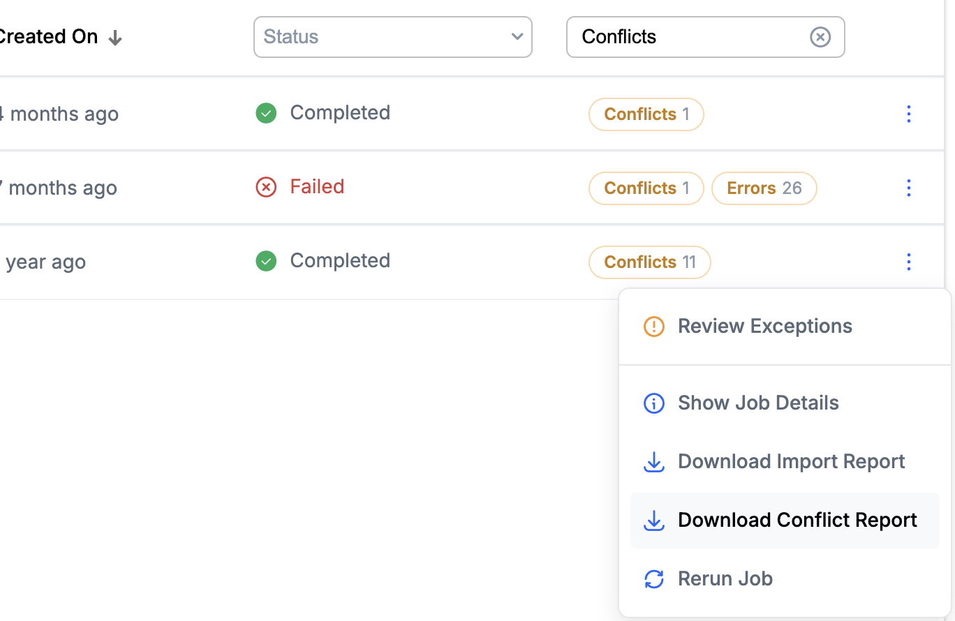 Project -> Imports List -> Download Conflict Report