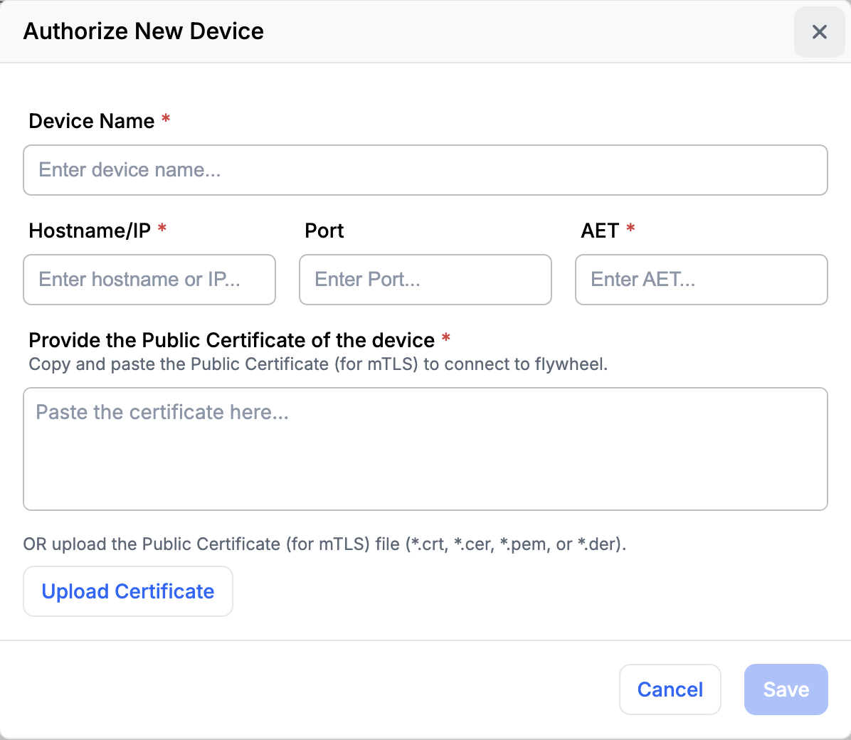 The Authorize New Device dialog with fields for Device Name, Hostname/IP, Port, AET, and the device's public certificate