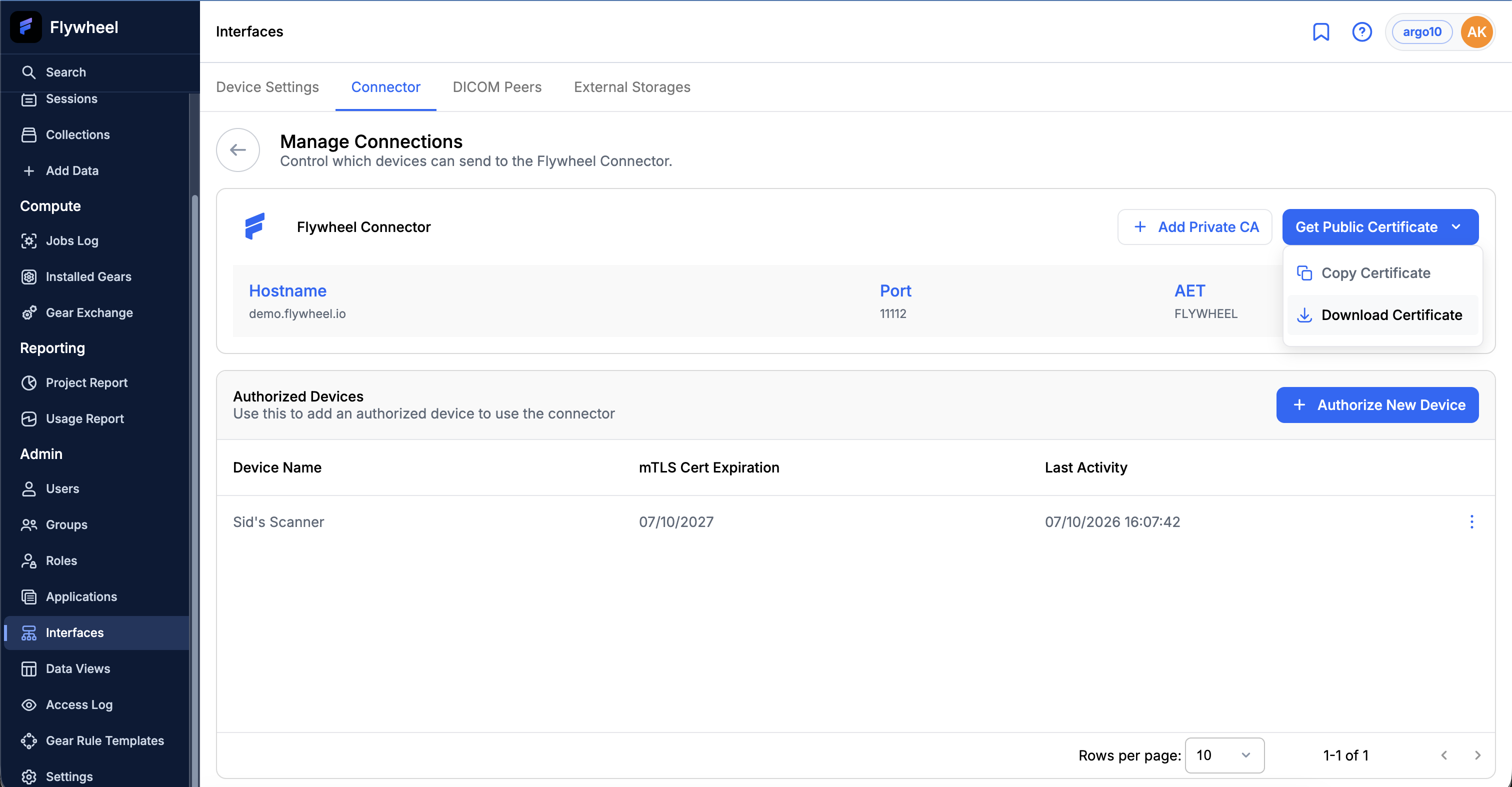 The Get Public Certificate menu expanded, showing the Copy Certificate and Download Certificate options