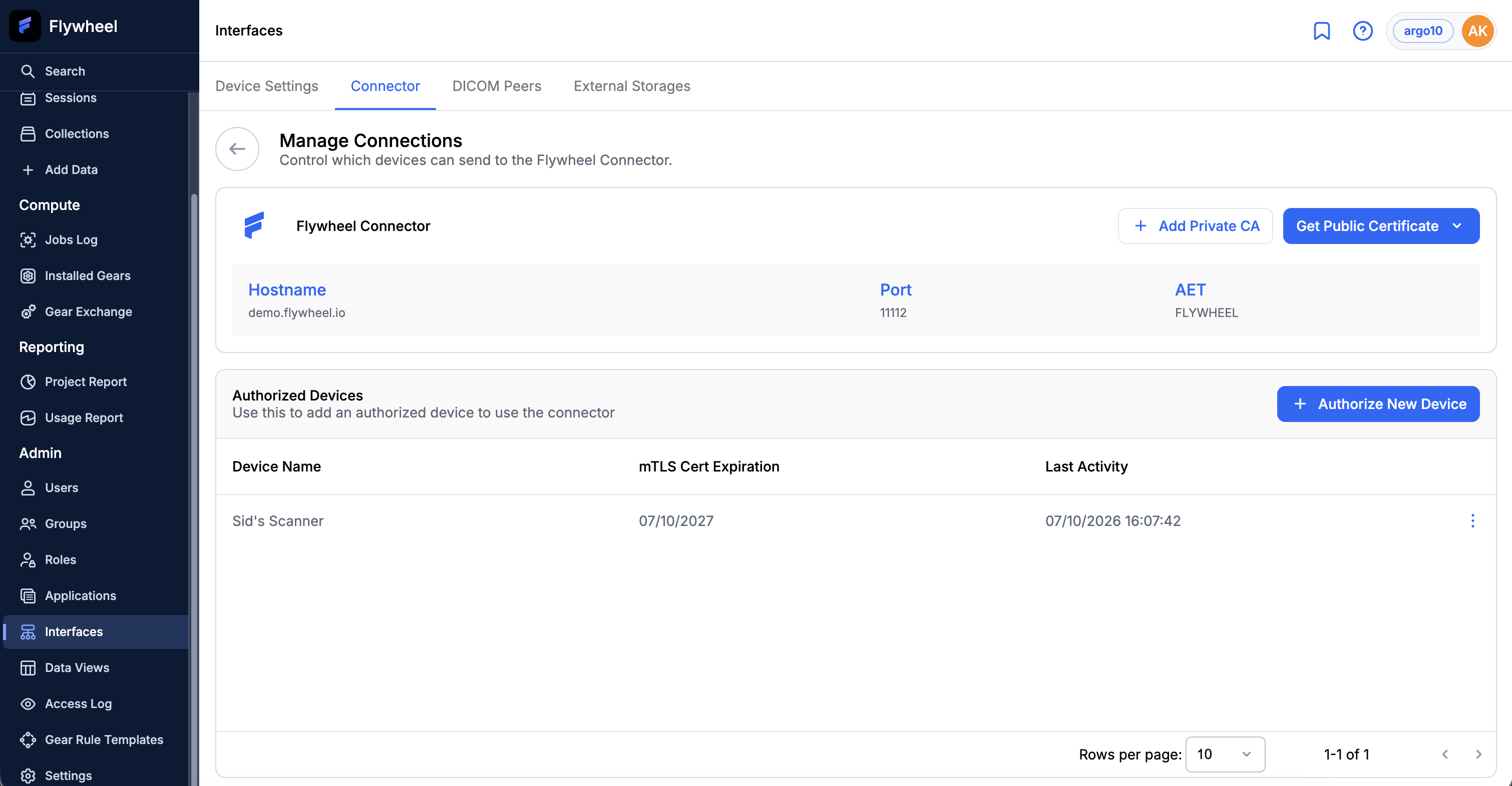 The Manage Connections page, showing the connector's hostname, port, and AET above the authorized devices list