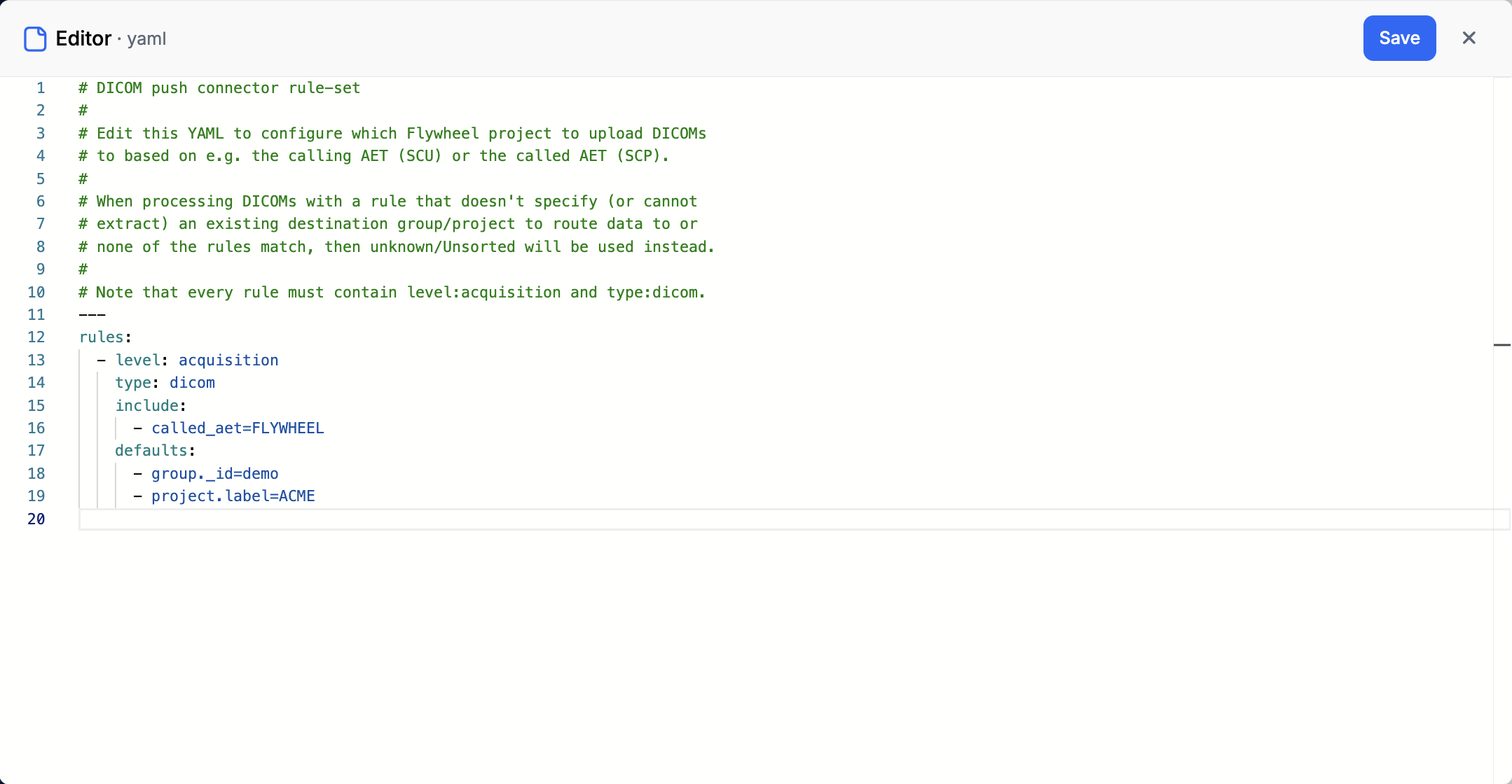 The data processing rules YAML editor with the explanatory comments, one routing rule, and the Save button