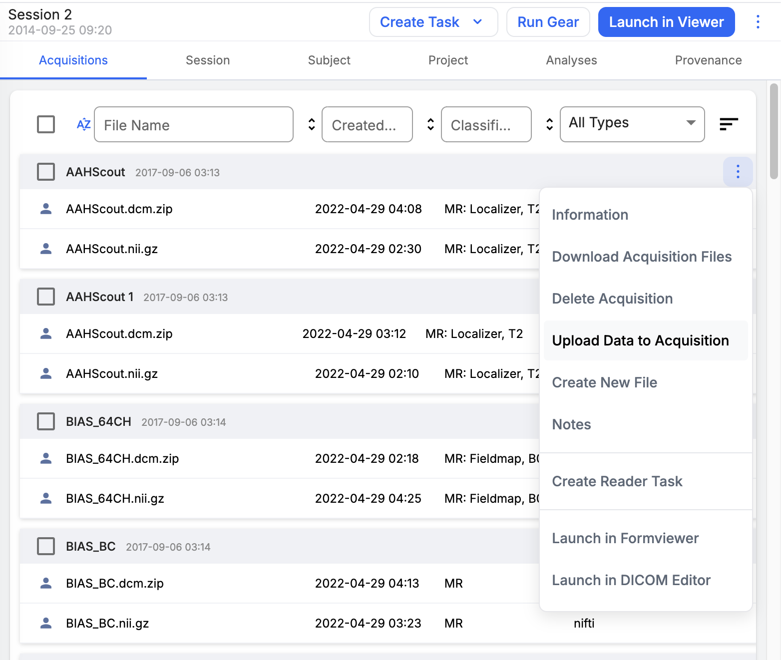 Upload Data to Acquisition menu