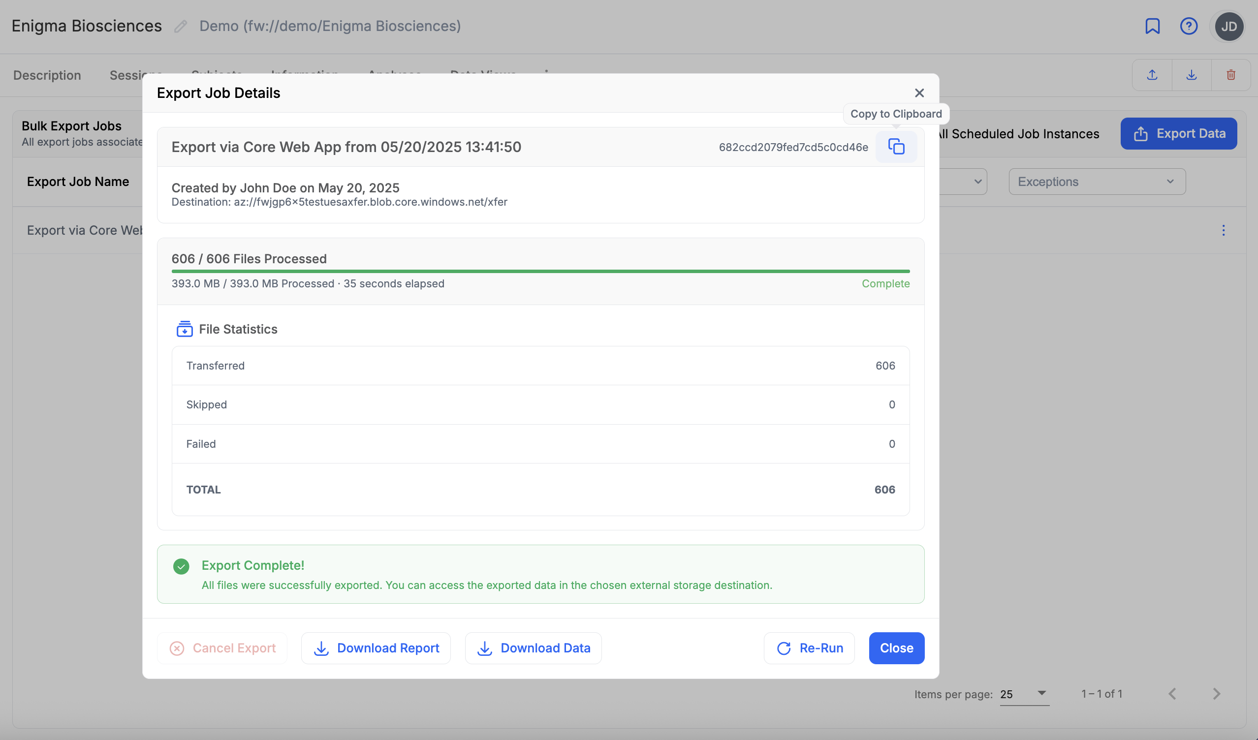 Project -> Exports List -> Job Details Dialog