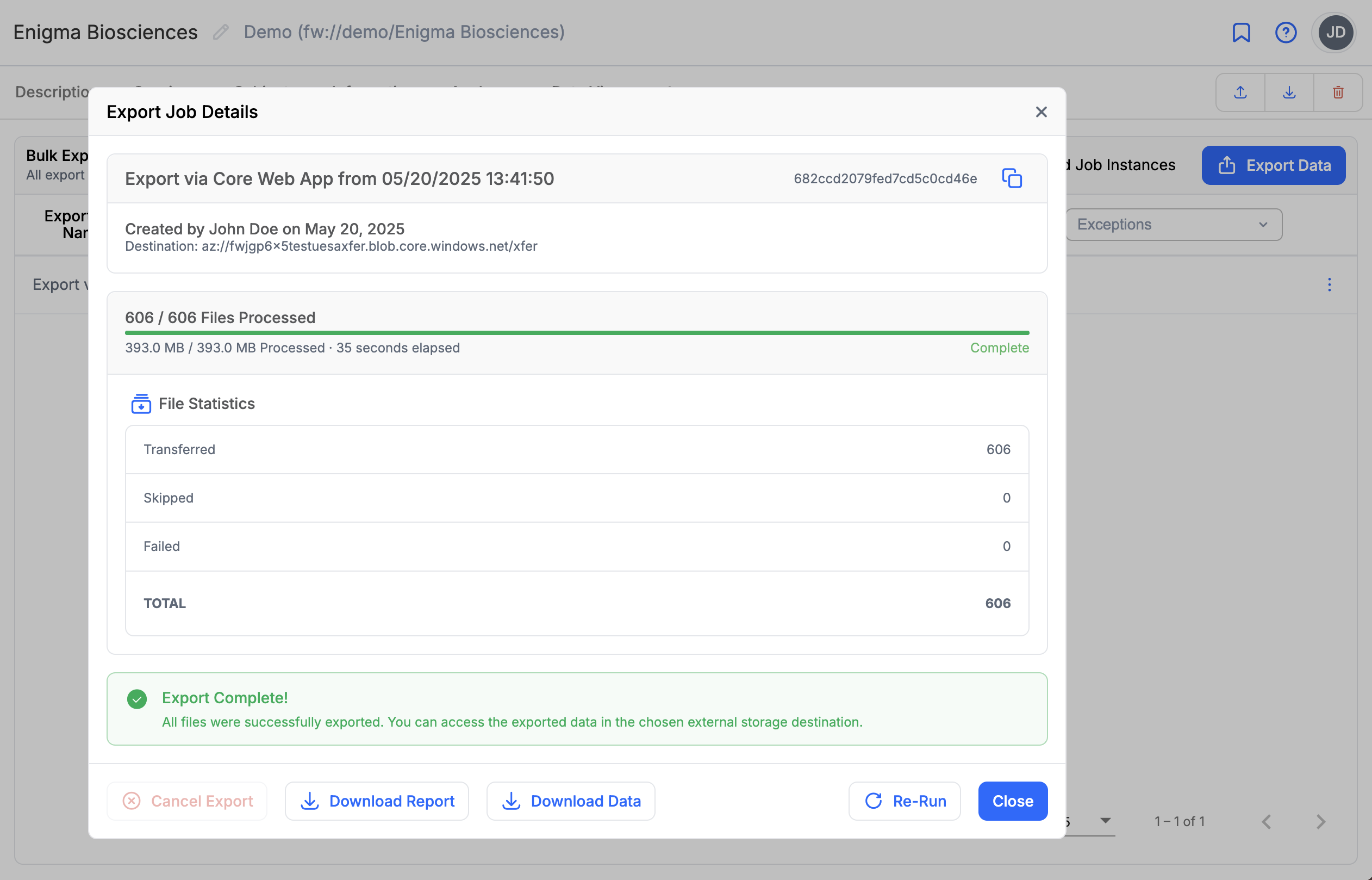 Project -> Exports List -> Job Details Dialog
