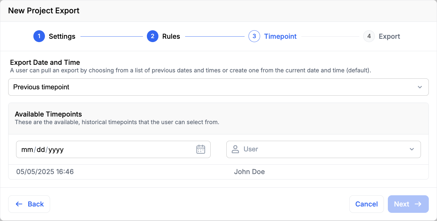 New Bulk Export Select Previous Timepoint