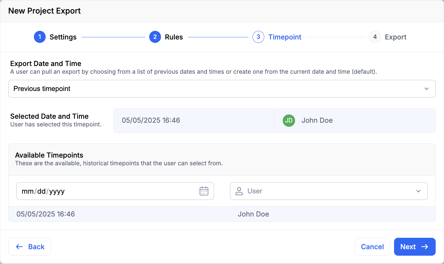 New Bulk Export Timepoint Selection