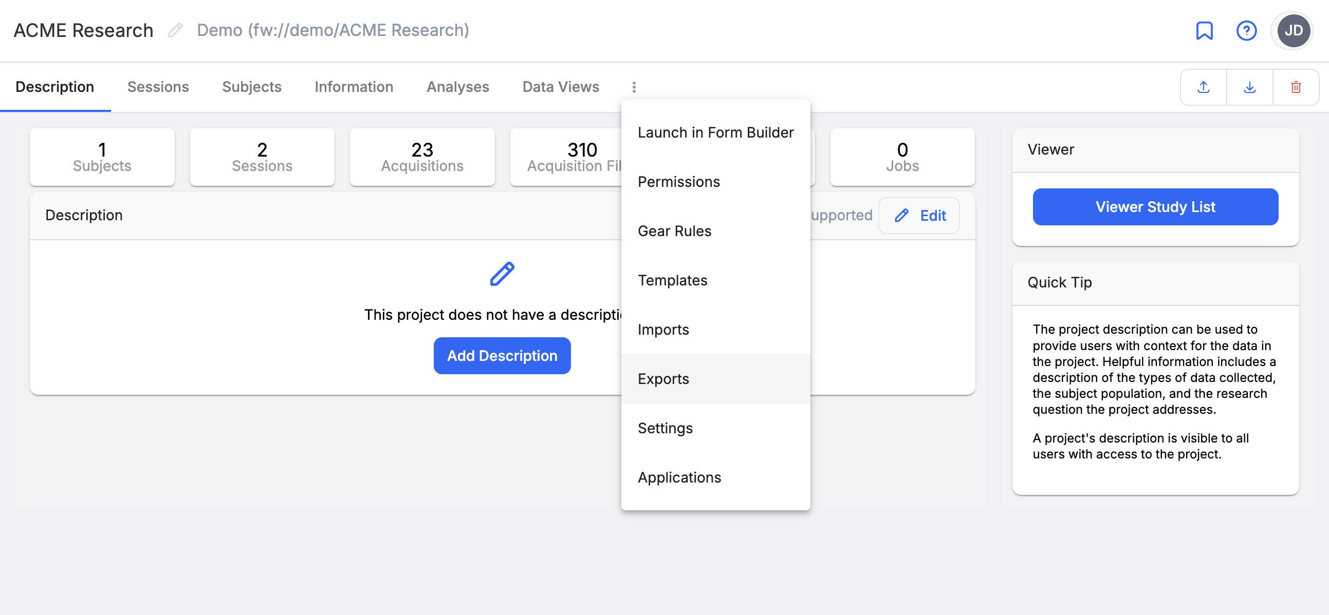 Project -> Exports Tab
