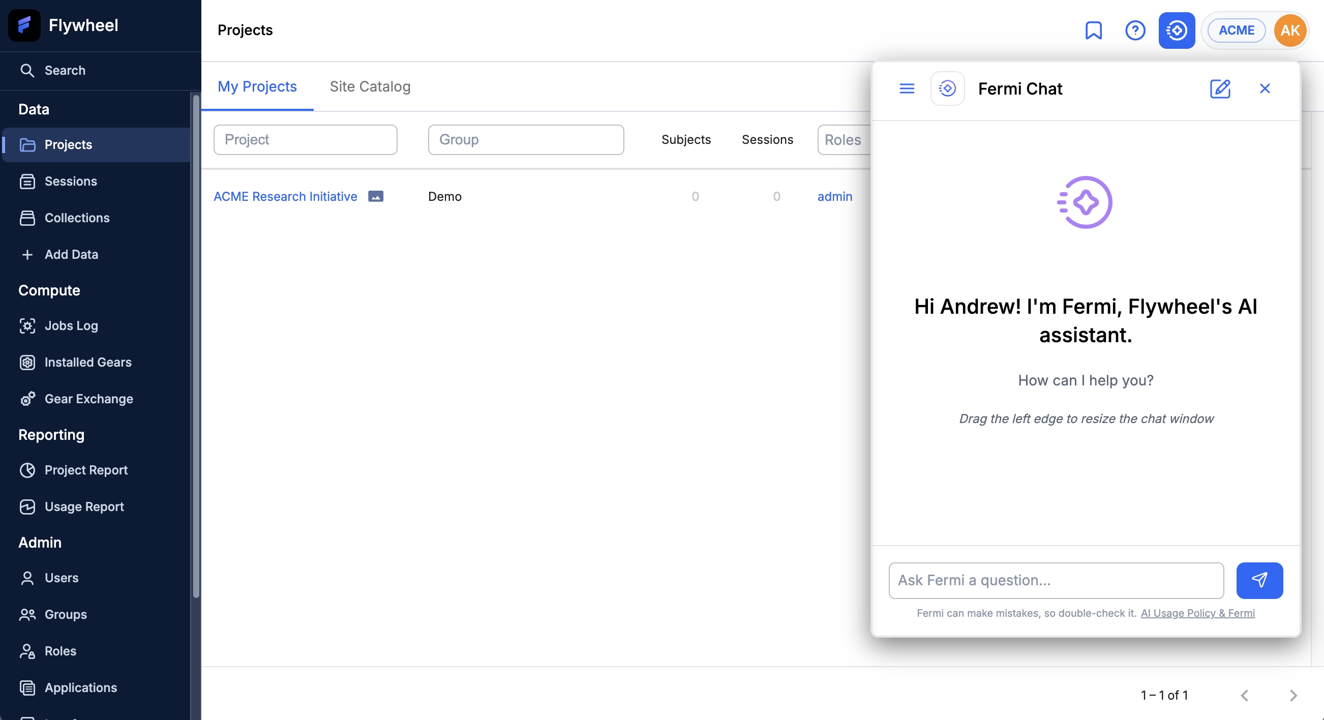The Flywheel Projects page with the Fermi Chat panel open on the right, greeting the user by name above a question box