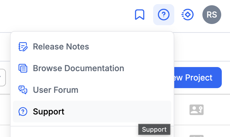 Help menu open in the top navigation bar with Support highlighted