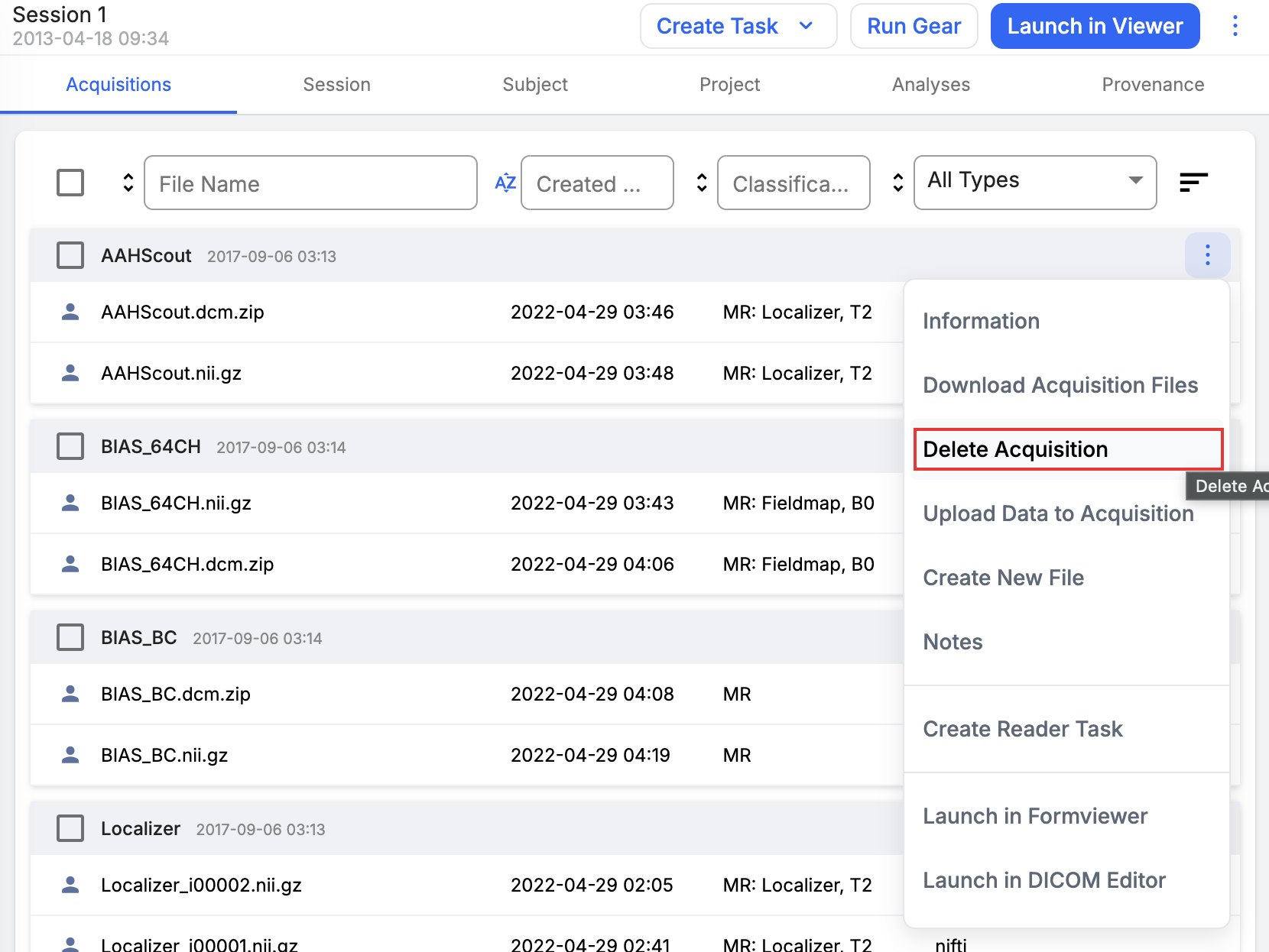 Acquisition overflow menu open with Delete Acquisition highlighted