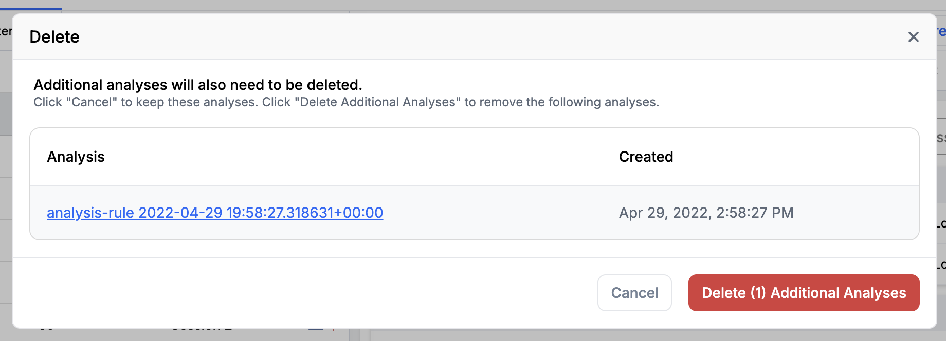 Delete dialog listing one analysis that will be deleted along with the file