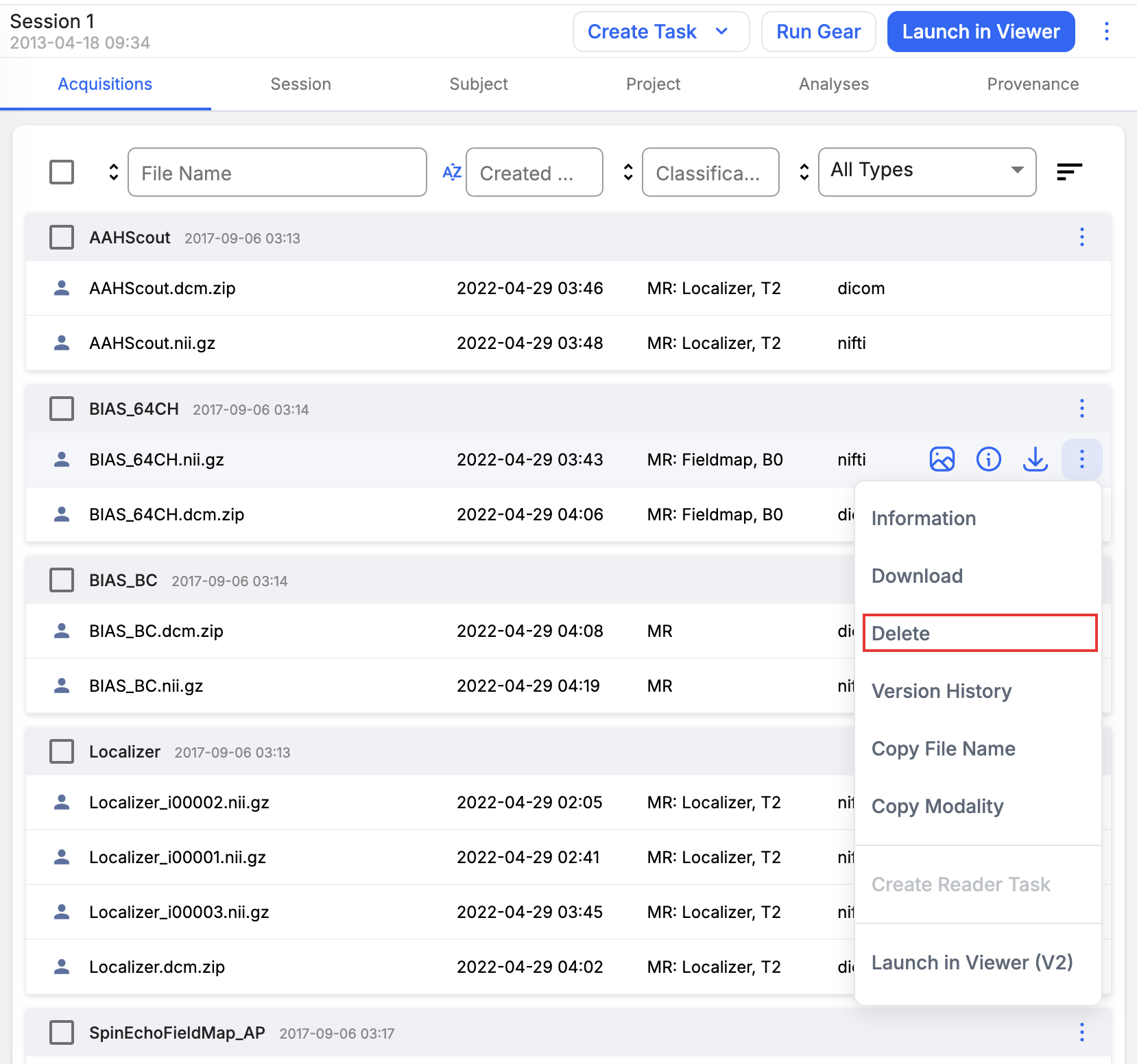 File overflow menu open with Delete highlighted