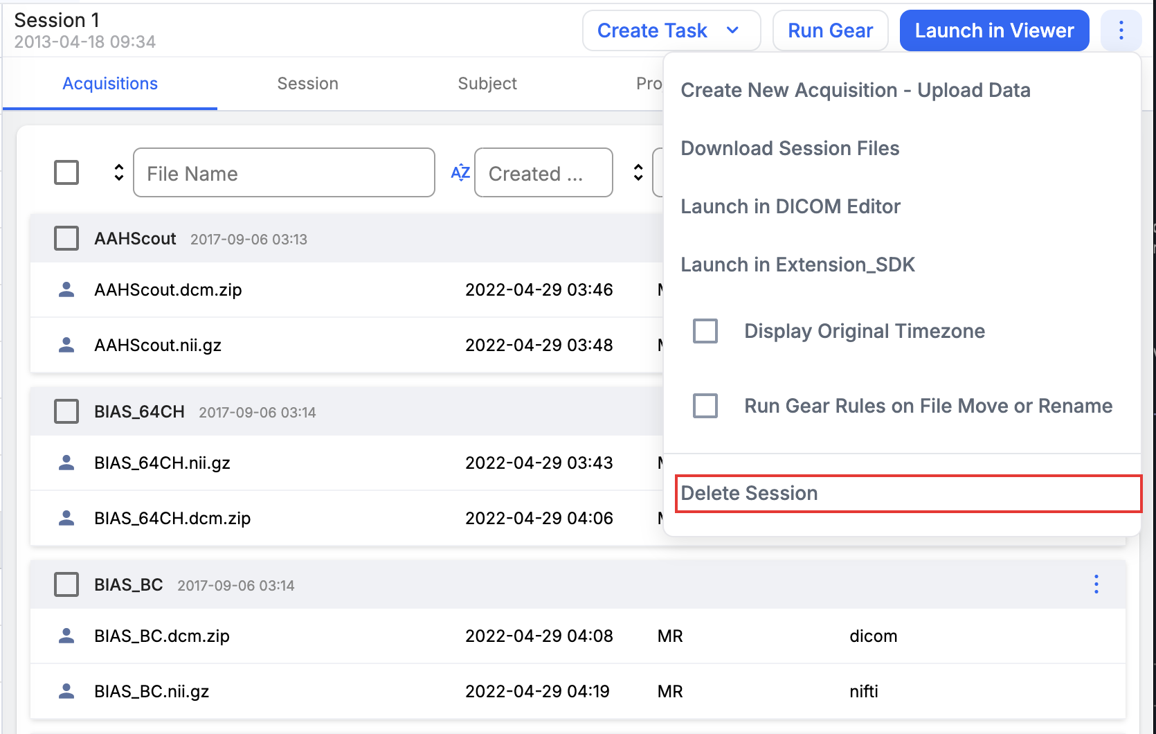 Session overflow menu open with Delete Session highlighted