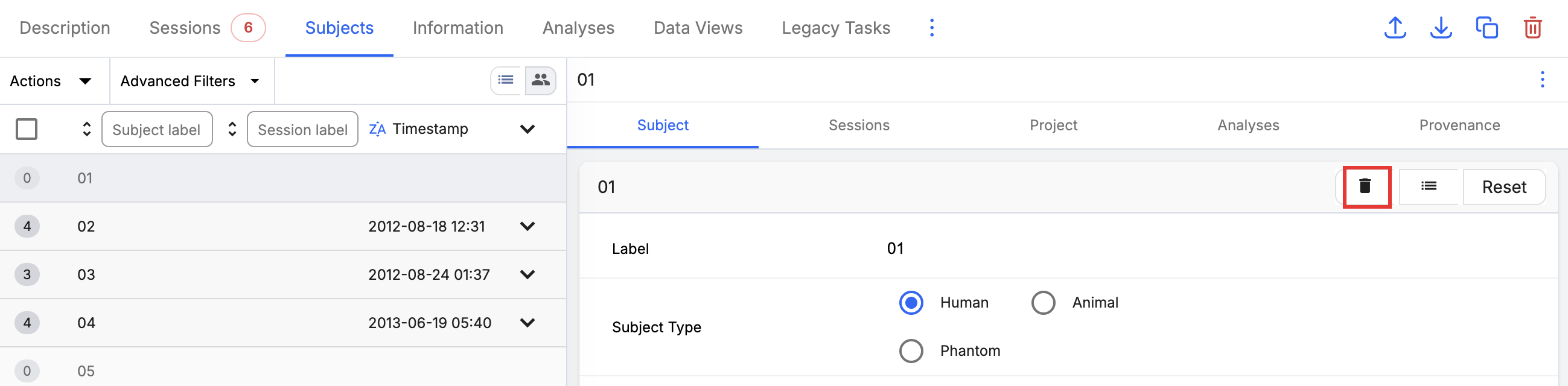 Subjects tab with a subject selected and the delete icon highlighted in the details panel header