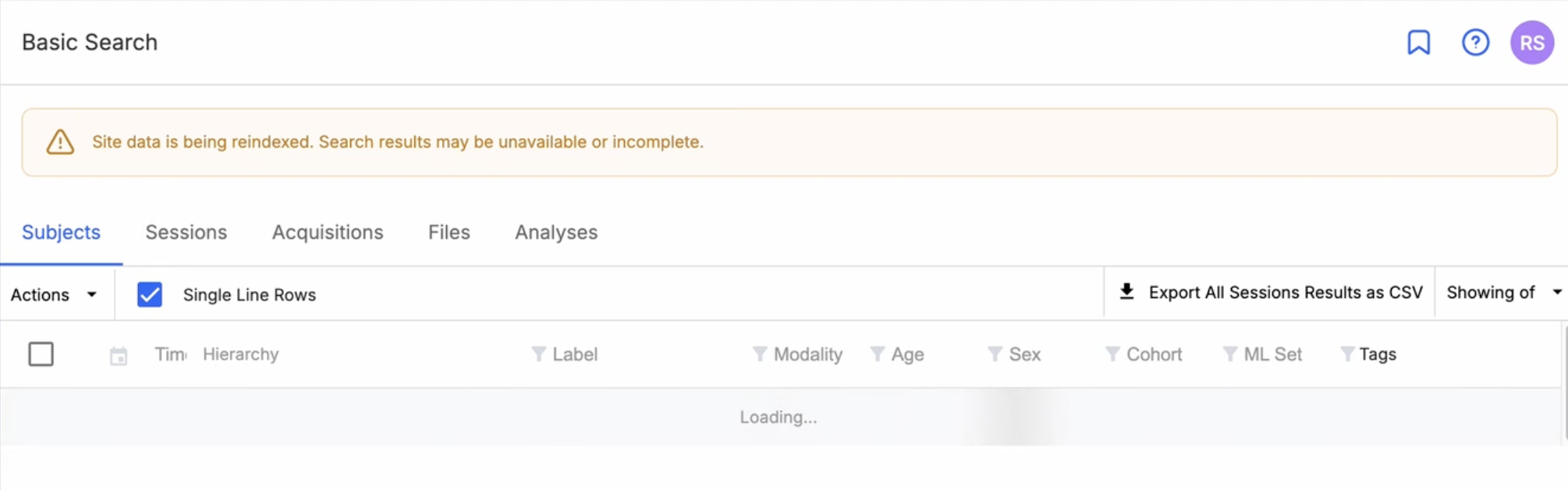 Basic Search page displaying a warning banner that site data is being indexed and results may be incomplete