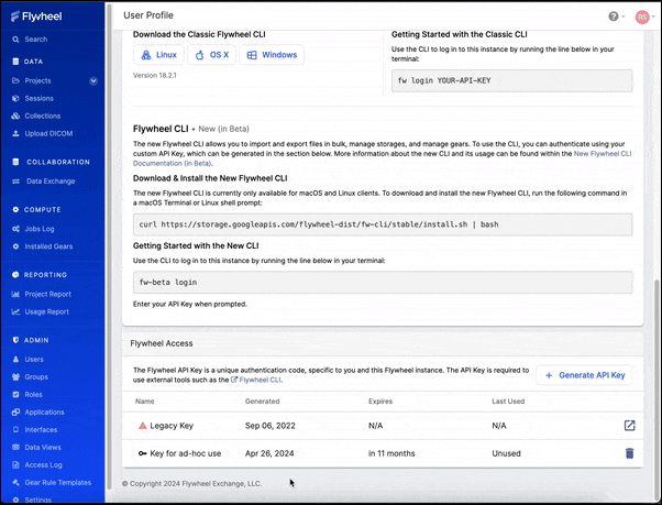 Open Legacy User API Key