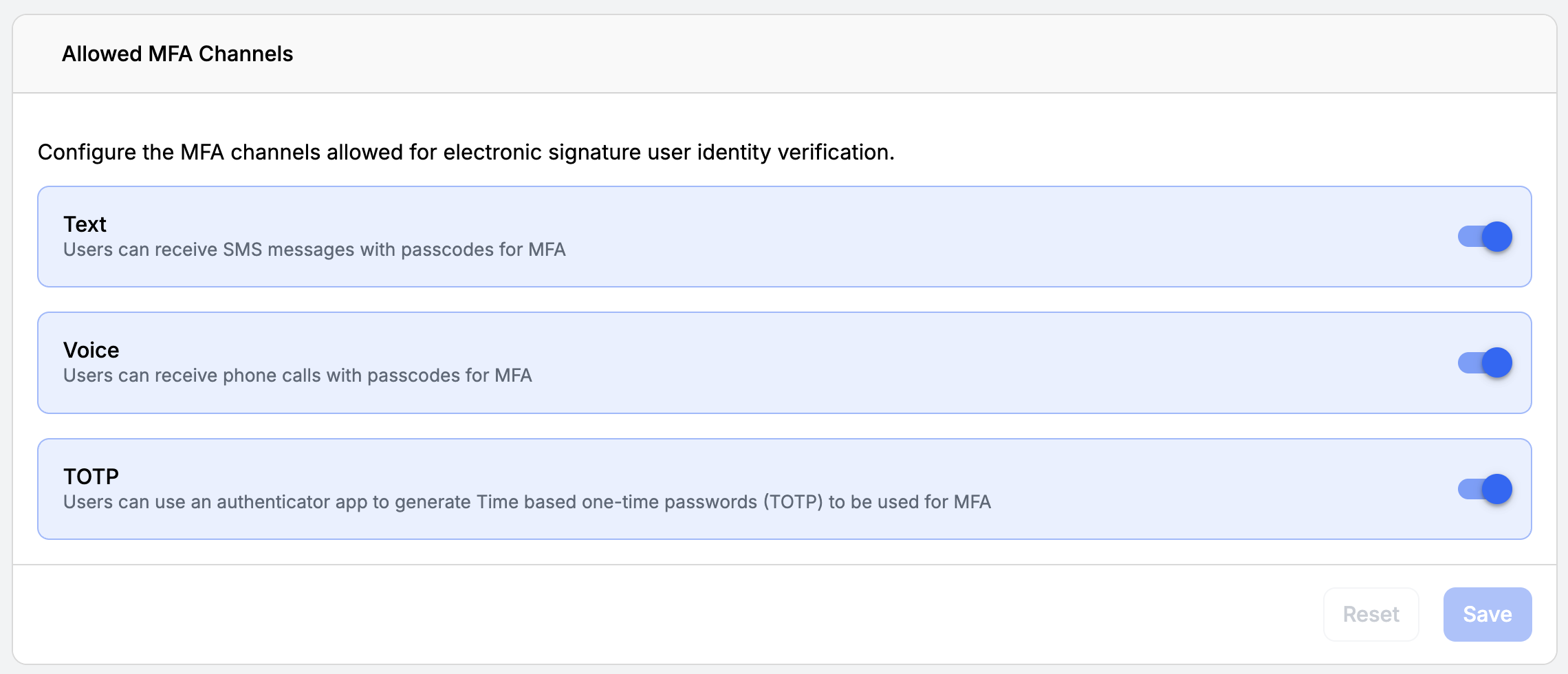 MFA Channel Site Settings