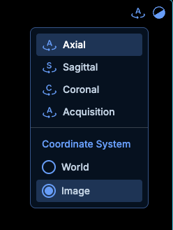Viewport Orientation menu with Axial selected under Orientation and Image selected under Coordinate System