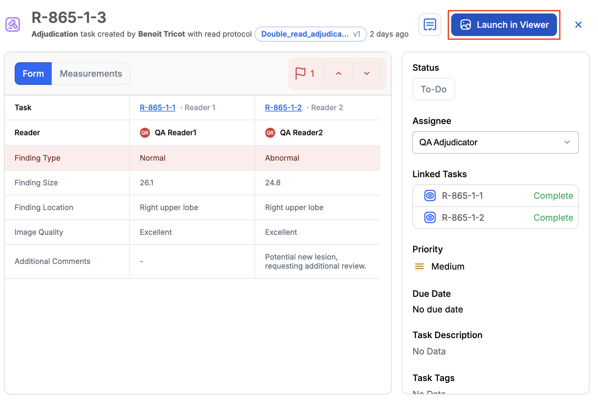 Launch button to open an adjudication task in the V3 Viewer