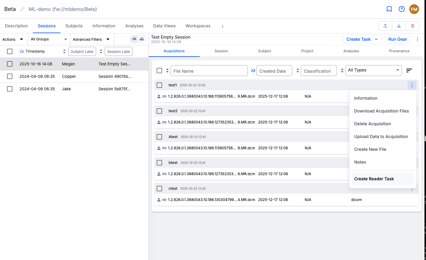 Acquisition context menu showing Create Reader Task option