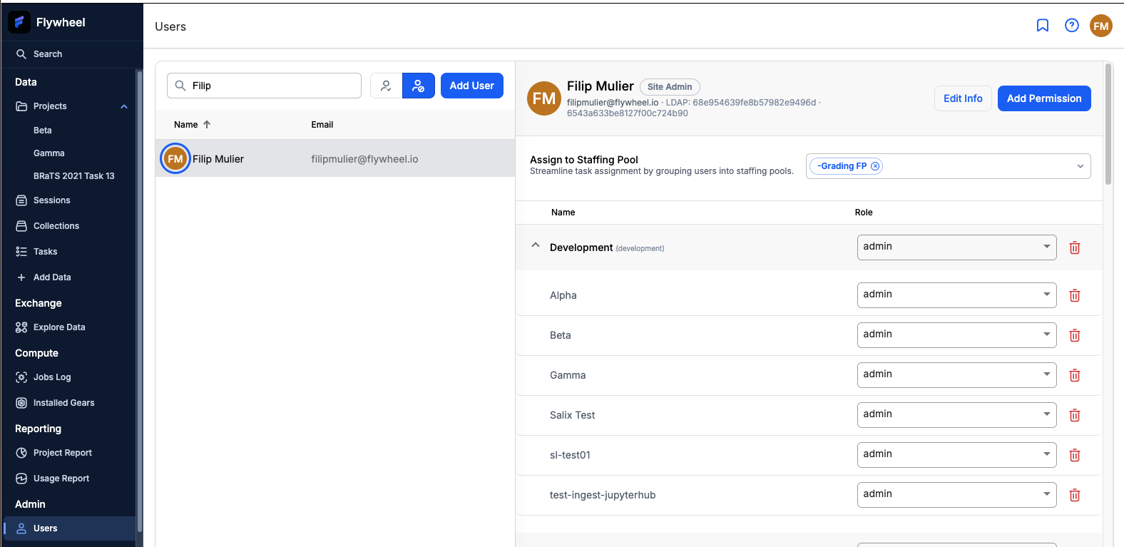 Admin Users page showing staffing pool assignment section