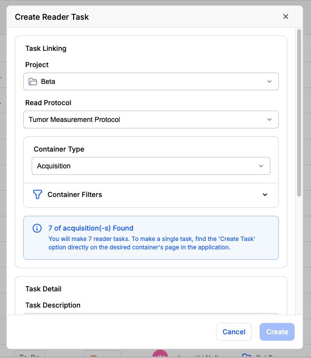 Bulk task creation dialog showing Task Linking section with container filters