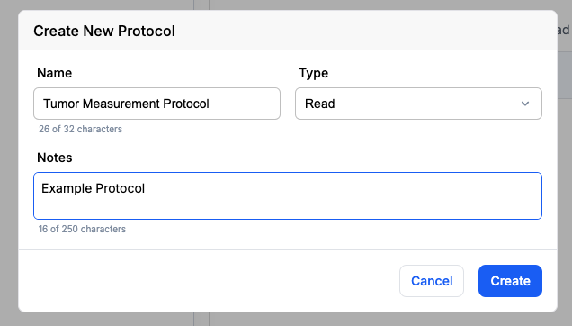 Create Protocol dialog with metadata fields