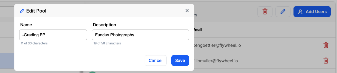 Edit Pool dialog showing Name and Description fields with character counters