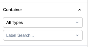 Container filter section showing type dropdown and label search