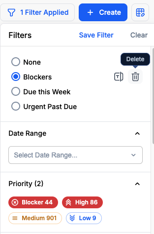 Saved filter with delete button visible