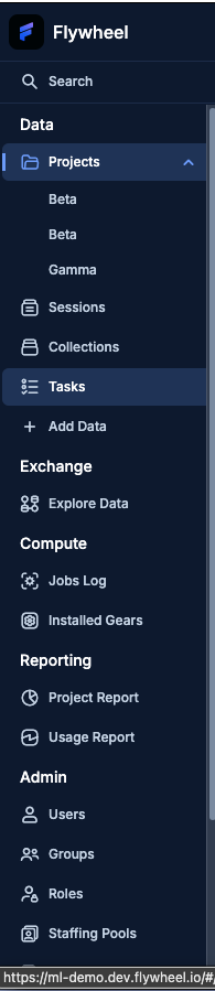 Flywheel left navigation sidebar showing Tasks option