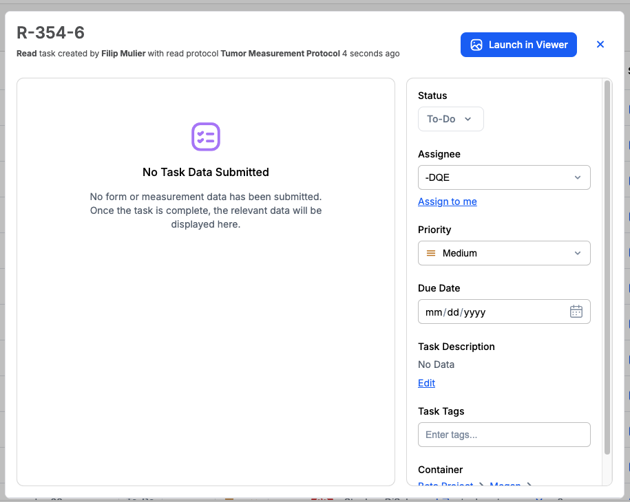Task details view showing newly created task