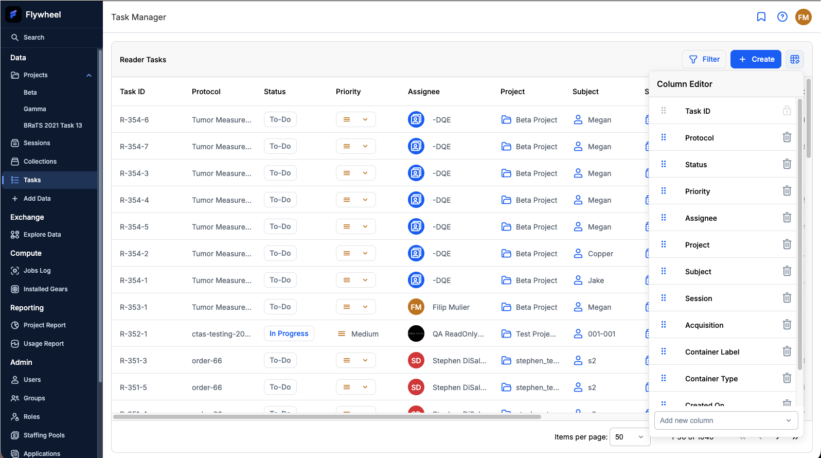 Column Editor menu showing selected columns