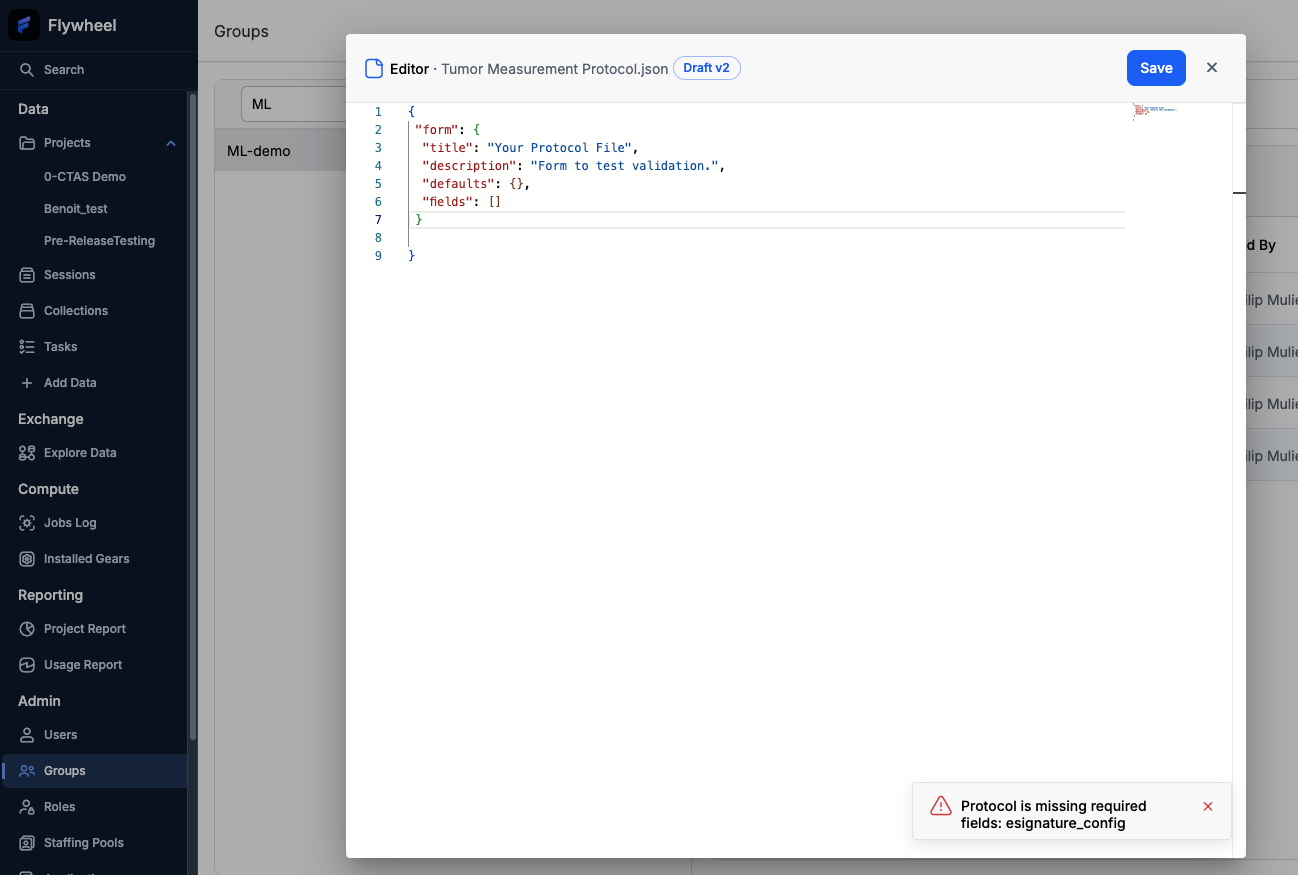 Validation error showing missing esignature_config