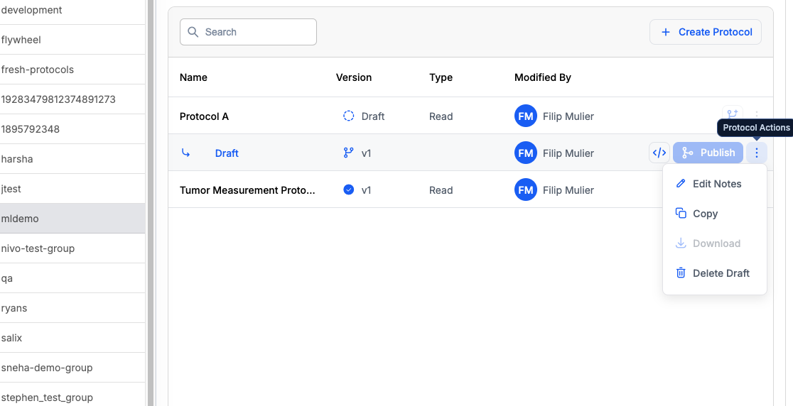 Draft protocol actions menu showing Edit Notes, Copy, Download, and Delete Draft options